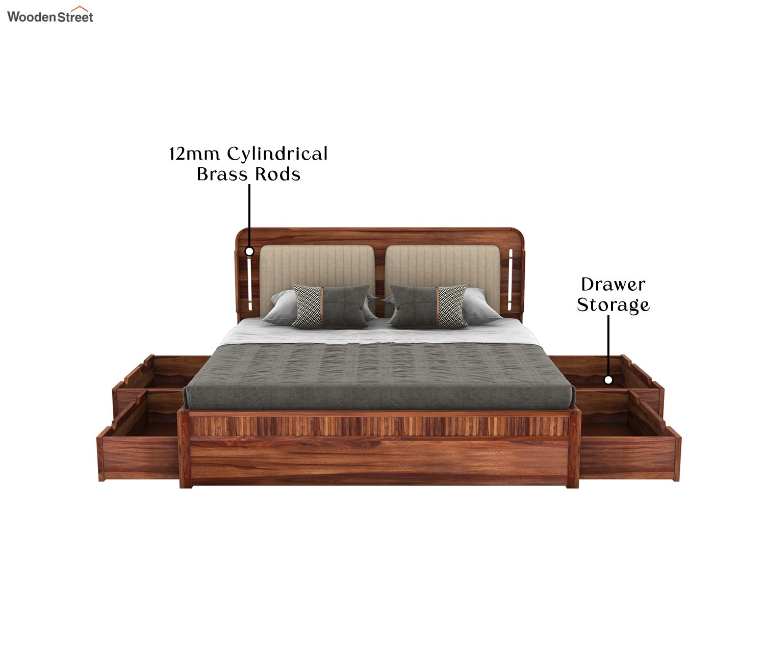 Lotus Premium Sheesham Wood Bed with Drawer Storage (Queen Size, Honey Finish)