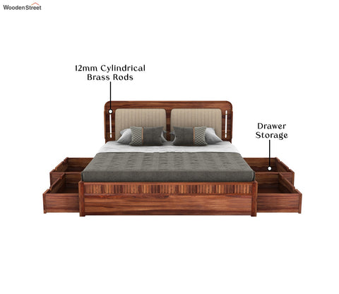 Lotus Premium Sheesham Wood Bed with Drawer Storage (Queen Size, Honey Finish)