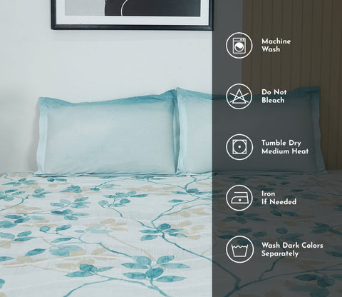 Flowery 144 TC Flat Pure Cotton King Size Bedsheet With 2 Pillow Covers (Blue)