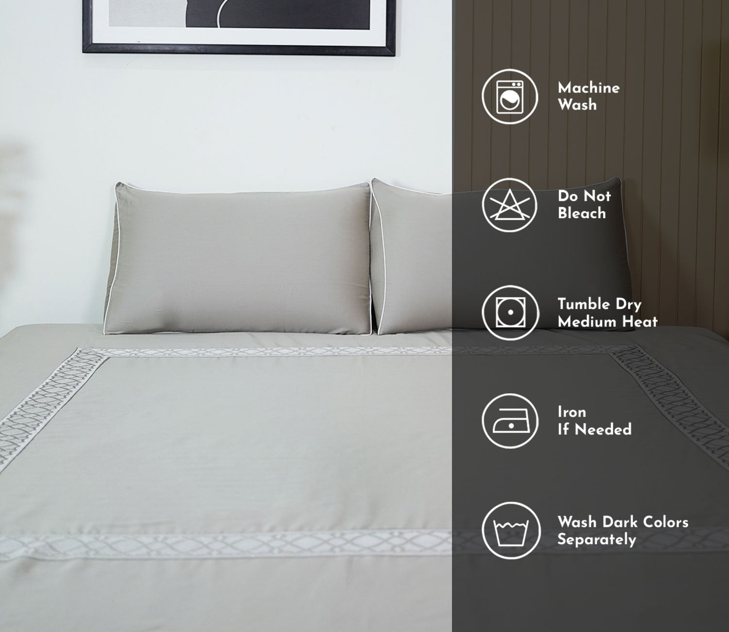 Square Embroidery 300 TC Flat Pure Cotton King Size Bedsheet With 2 Pillow Covers (Grey)