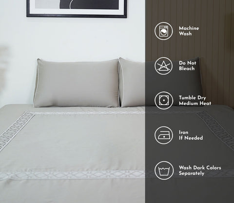 Square Embroidery 300 TC Flat Pure Cotton King Size Bedsheet With 2 Pillow Covers (Grey)