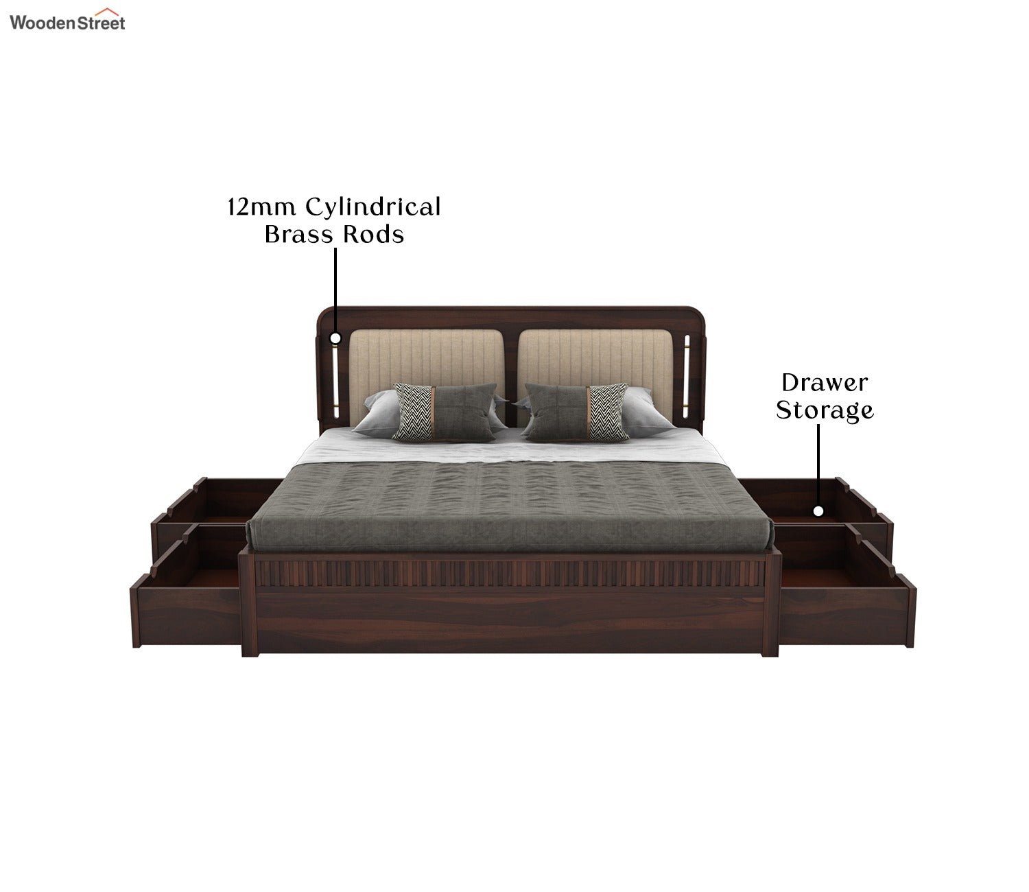 Lotus Premium Sheesham Wood Bed with Drawer Storage (King Size, Walnut Finish)