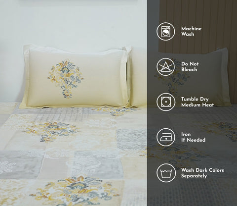 Grid Planters 300 TC Flat Pure Cotton King Size Bedsheet With 2 Pillow Covers (Grey)