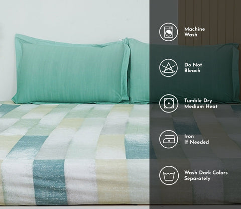 Grid Rectangular 180 TC Flat Pure Cotton King Size Bedsheet With 2 Pillow Covers (Blue)