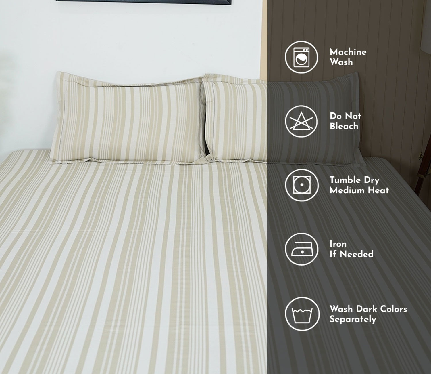 Thin Stripe 290 TC Flat Pure Cotton King Size Bedsheet With 2 Pillow Covers (Cream)