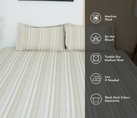 Thin Stripe 290 TC Flat Pure Cotton King Size Bedsheet With 2 Pillow Covers (Cream)