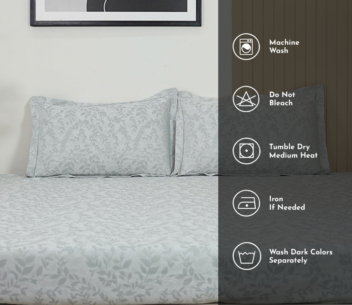 Branches Self Woven 290 TC Flat Pure Cotton King Size Bedsheet With 2 Pillow Covers (Grey)