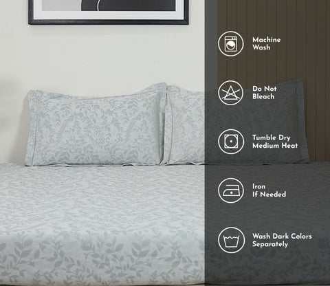 Branches Self Woven 290 TC Flat Pure Cotton King Size Bedsheet With 2 Pillow Covers (Grey)