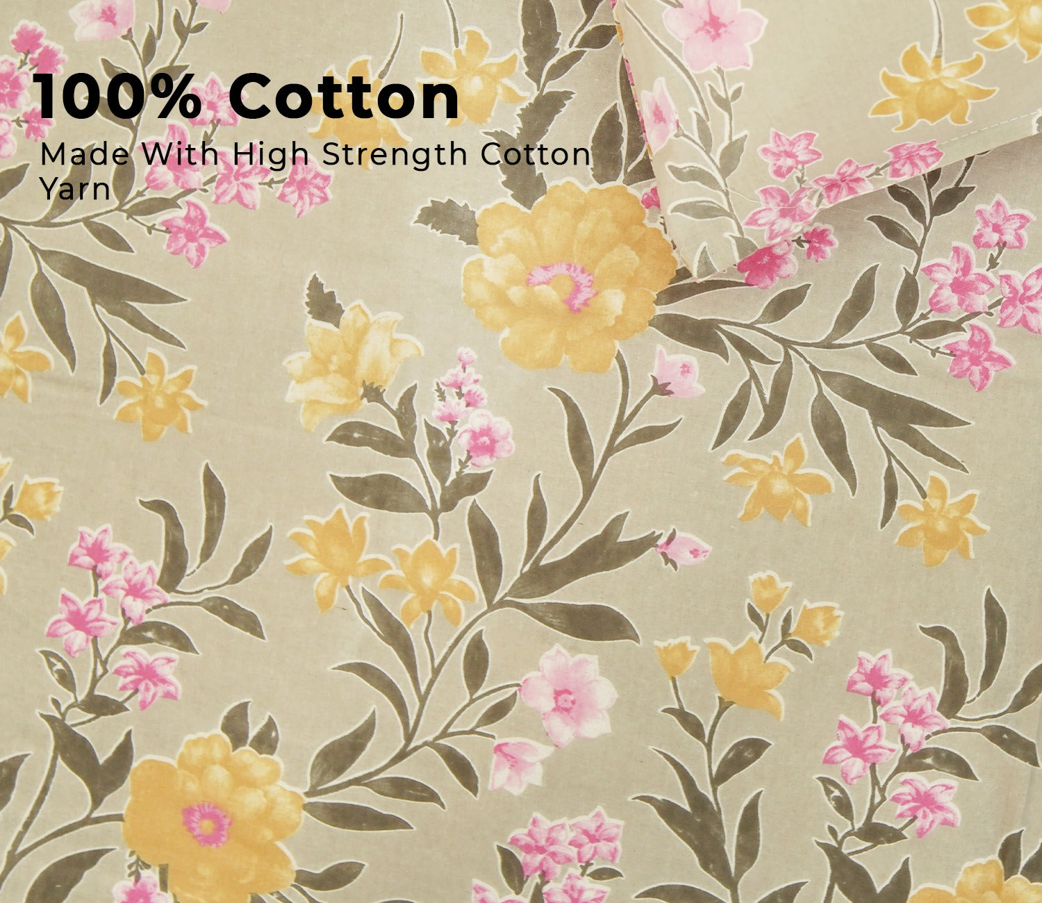 120 TC Floral Screen Print Cotton Double Bed Sheet King Size with Pillow Cover (Yellow and Pink)