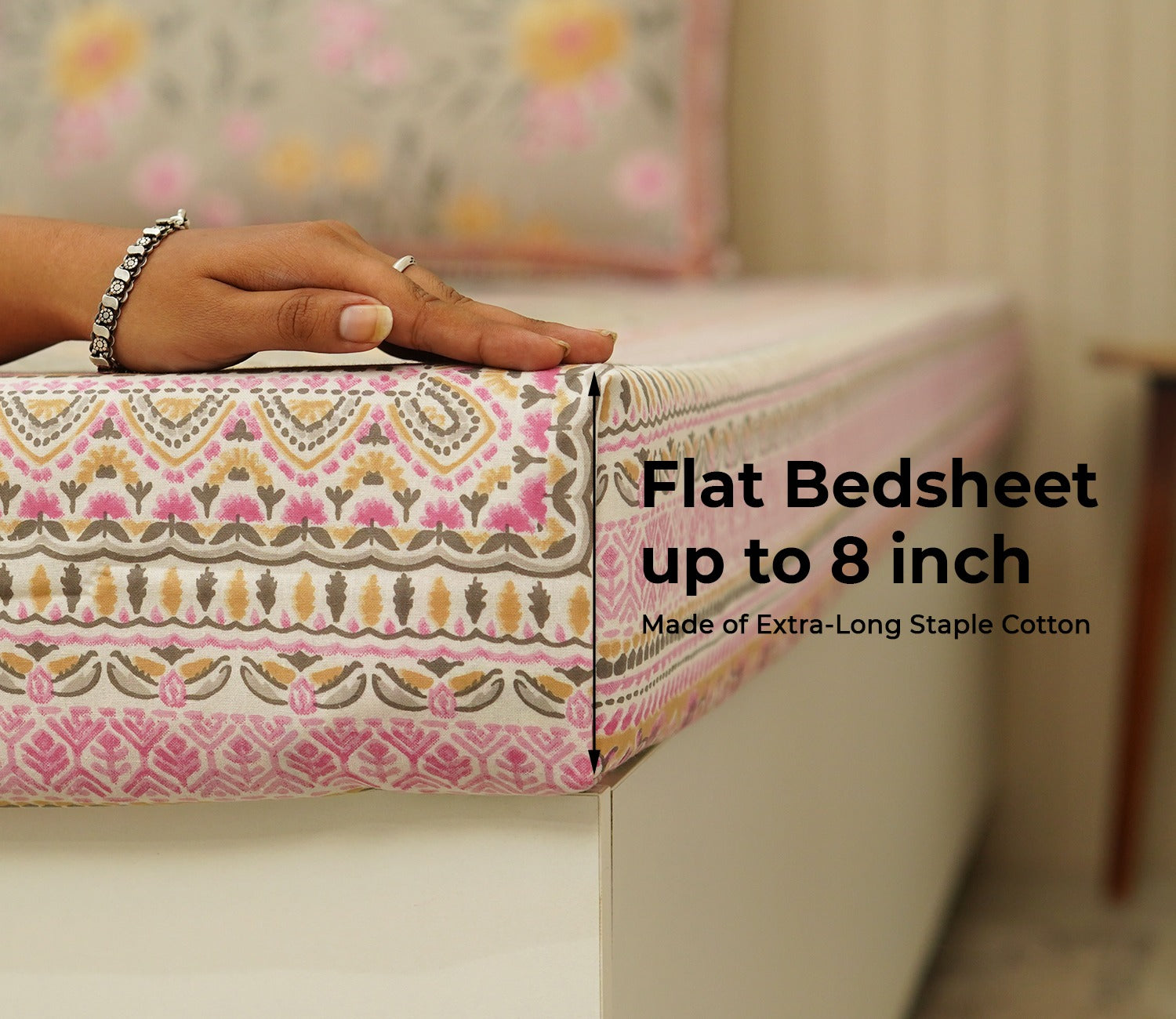 120 TC Floral Screen Print Cotton Double Bed Sheet King Size with Pillow Cover (Yellow and Pink)