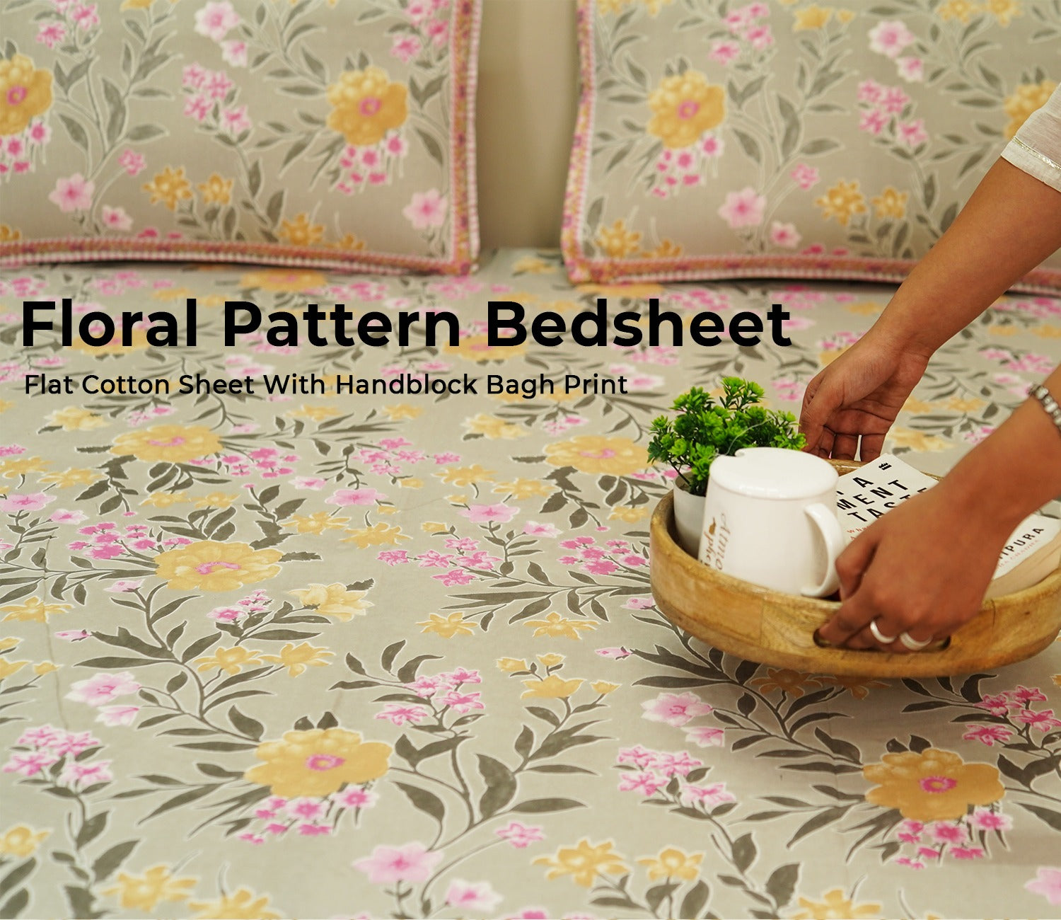 120 TC Floral Screen Print Cotton Double Bed Sheet King Size with Pillow Cover (Yellow and Pink)