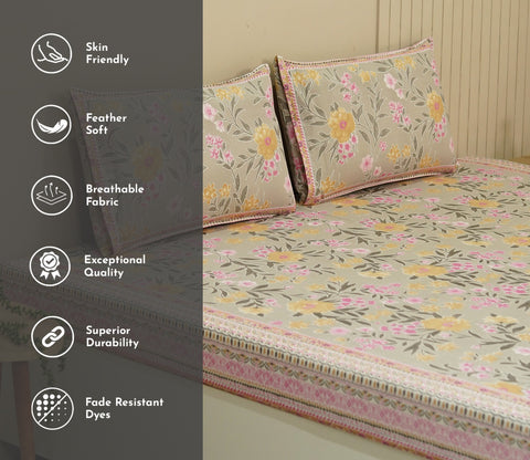 120 TC Floral Screen Print Cotton Double Bed Sheet King Size with Pillow Cover (Yellow and Pink)