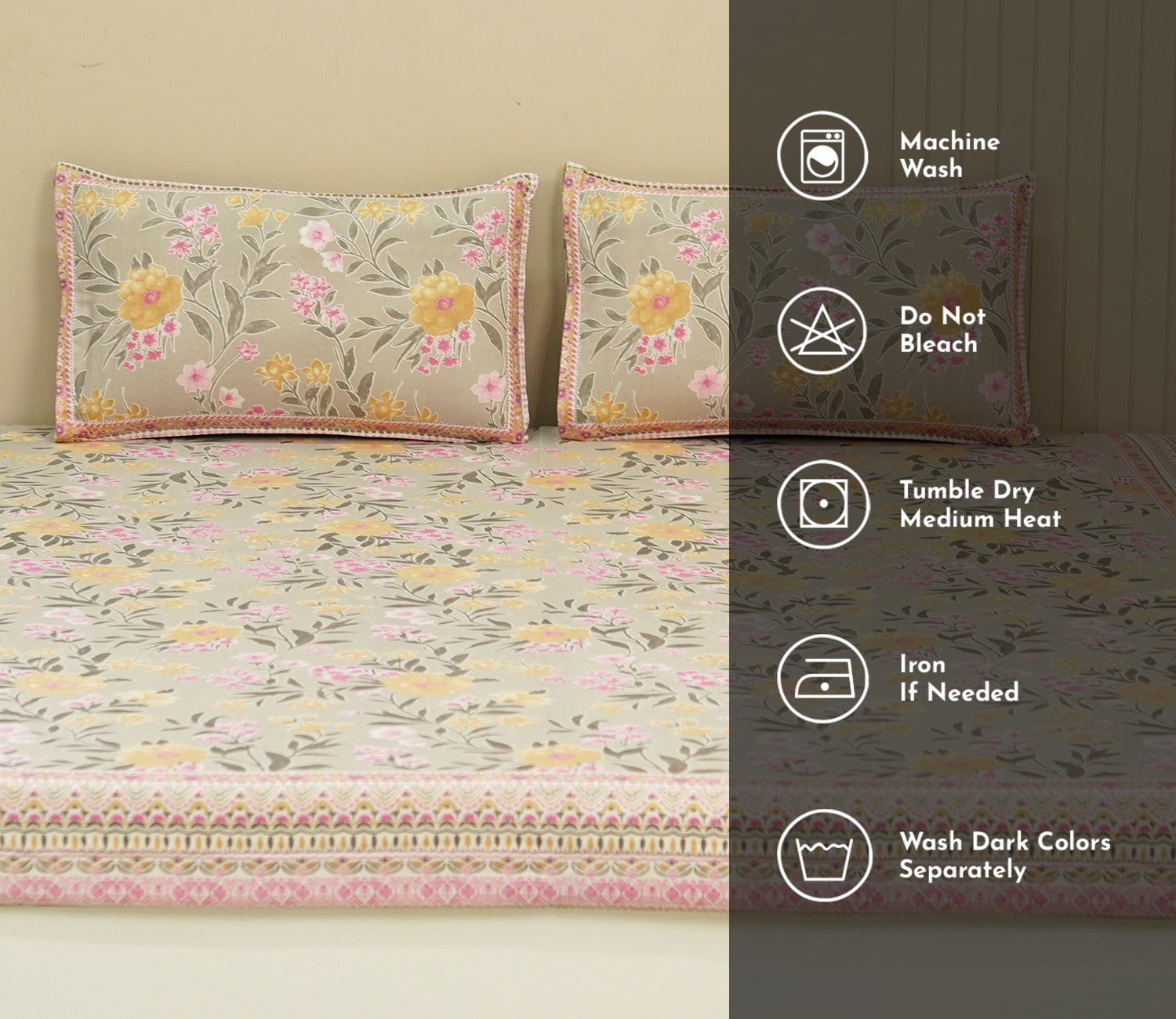 120 TC Floral Screen Print Cotton Double Bed Sheet King Size with Pillow Cover (Yellow and Pink)