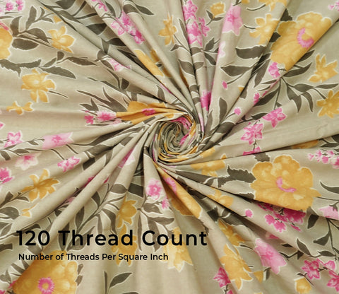 120 TC Floral Screen Print Cotton Double Bed Sheet King Size with Pillow Cover (Yellow and Pink)