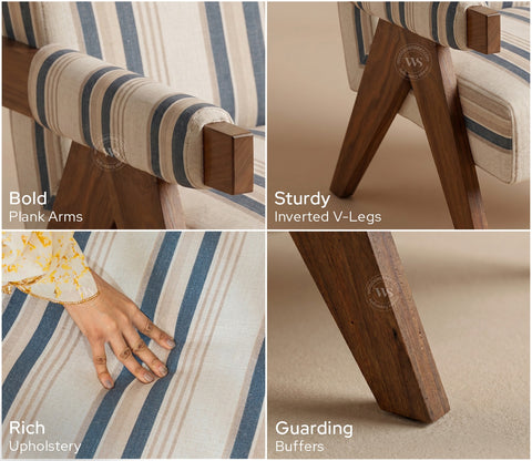 Troupe Sheesham Wood Chandigarh Chair with Premium Upholstery (Blue Stripes, Teak Finish)