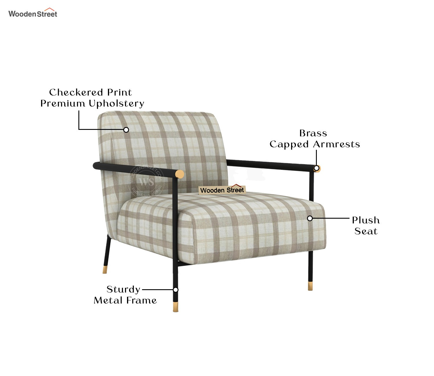Valentina Metal Lounge Chair (Cream Checkered, Black Finish)