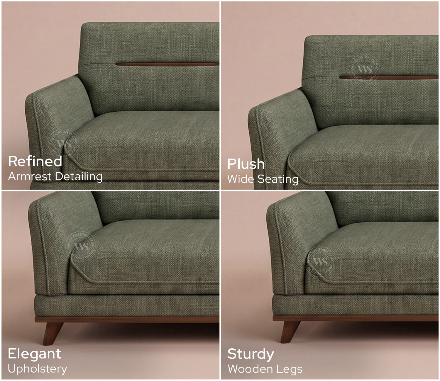 Alvaro 1 Seater Fabric Sofa with Wooden Accents (Cotton, Sage Green)