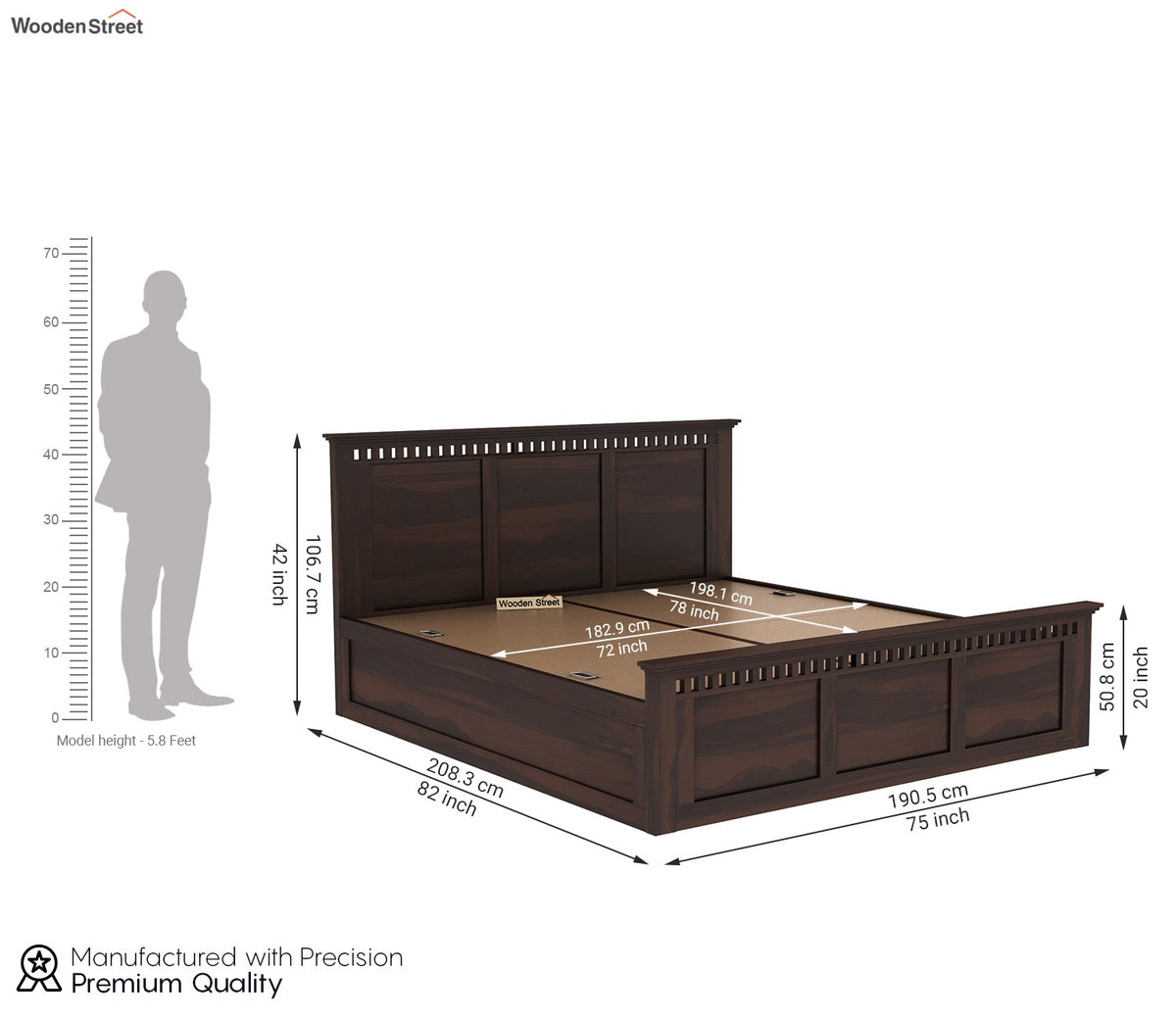 Adolph Sheesham Wood Bed With Box Storage (King Size, Walnut Finish)