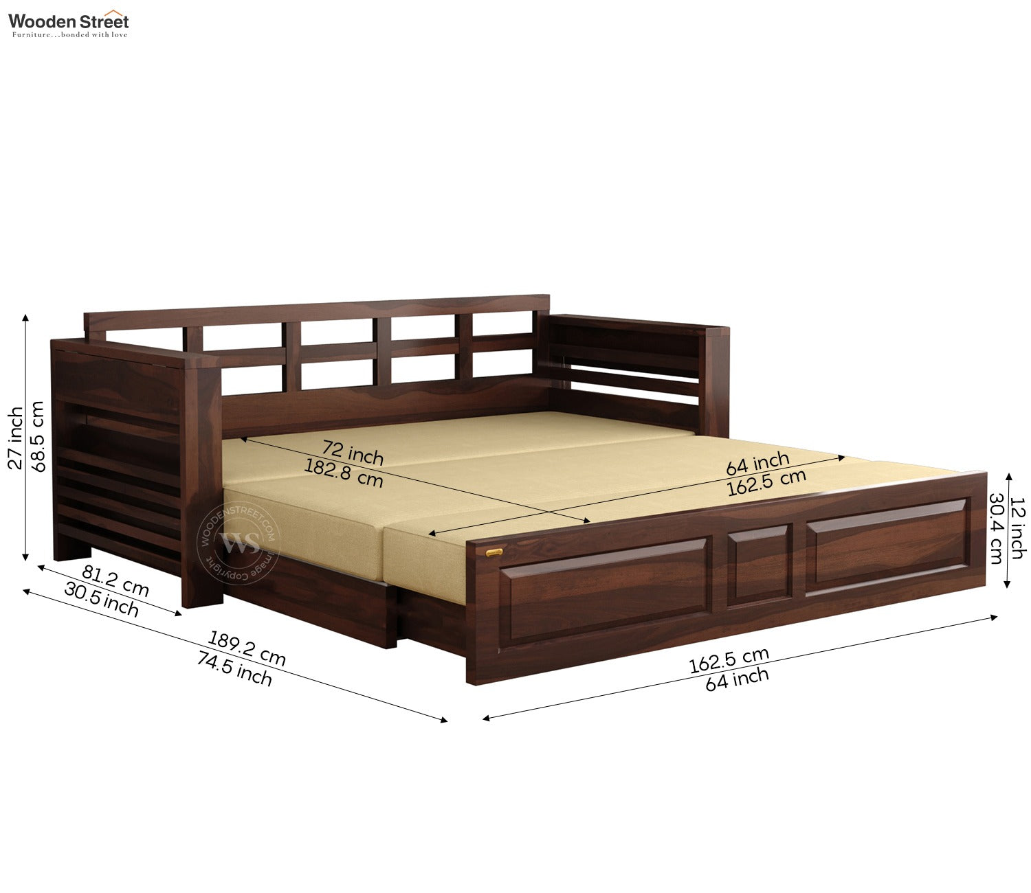 Feltro Sheesham Wood Sofa Bed With Storage (King Size, Walnut Irish Cream)