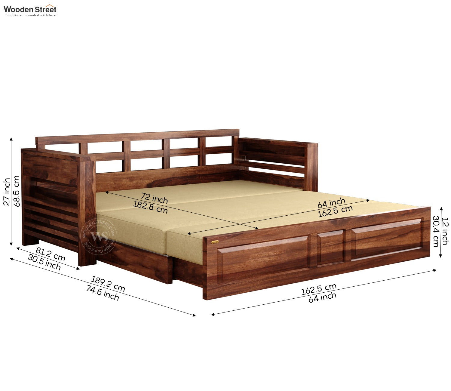 Feltro Sheesham Wood Sofa Bed With Storage (King Size, Honey Irish Cream)
