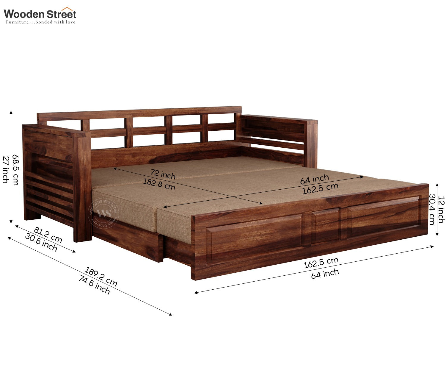 Feltro Sheesham Wood Sofa Bed With Storage (King Size, Honey Beach Cream)