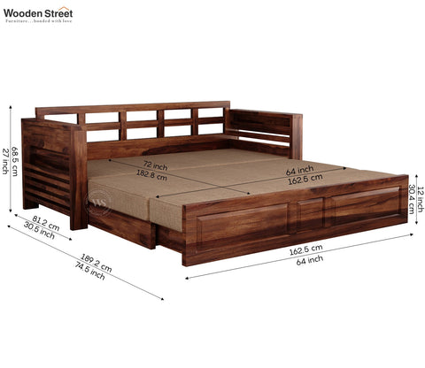 Feltro Sheesham Wood Sofa Bed With Storage (King Size, Honey Beach Cream)