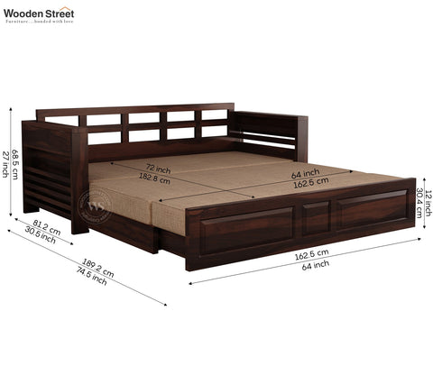 Feltro Sheesham Wood Sofa Bed With Storage (King Size, Walnut Beach Cream)