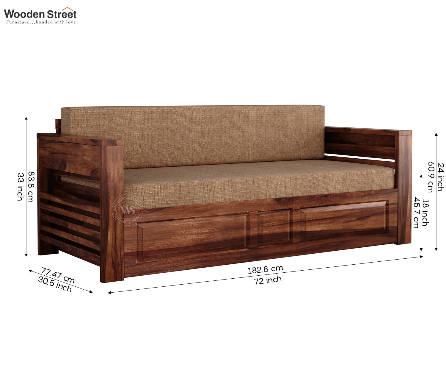 Feltro Sheesham Wood Sofa Bed With Storage (King Size, Honey Beach Cream)