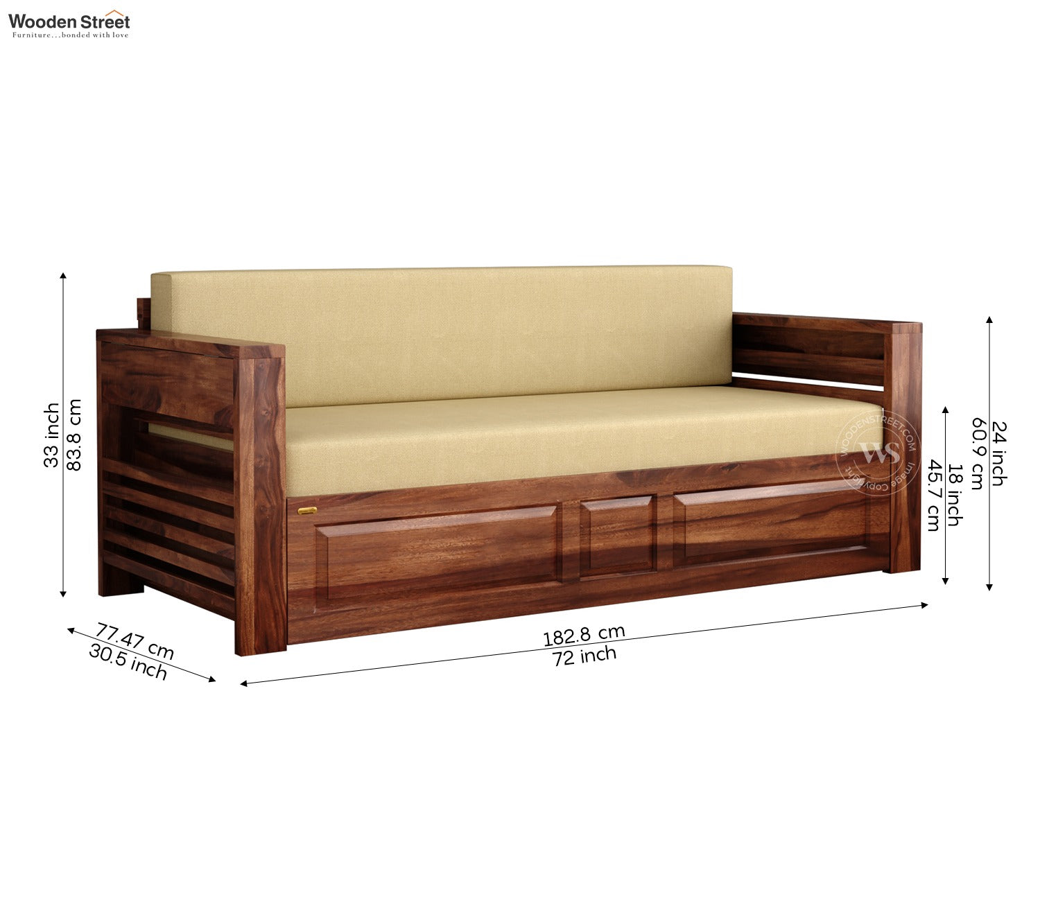 Feltro Sheesham Wood Sofa Bed With Storage (King Size, Honey Irish Cream)