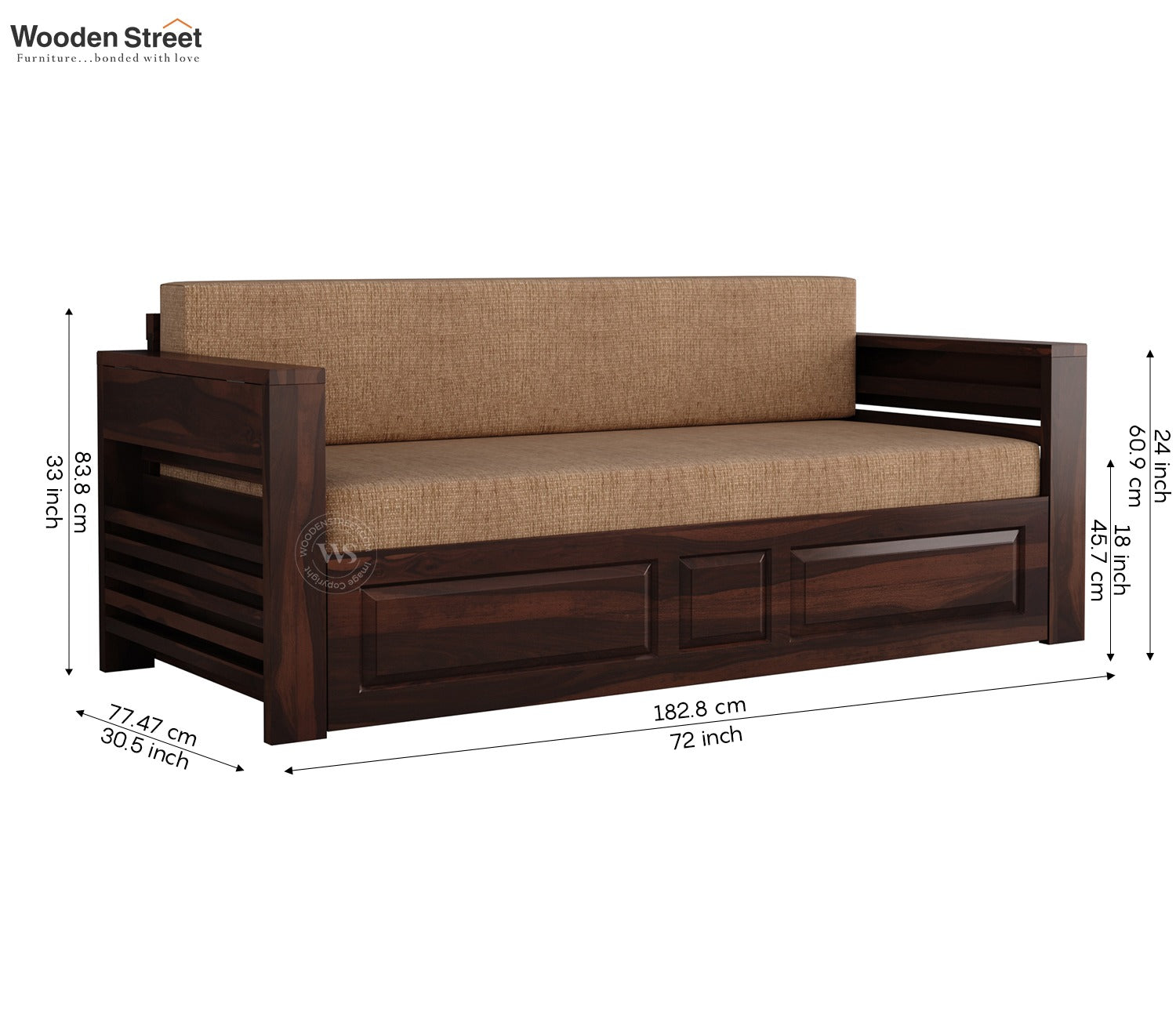 Feltro Sheesham Wood Sofa Bed With Storage (King Size, Walnut Beach Cream)