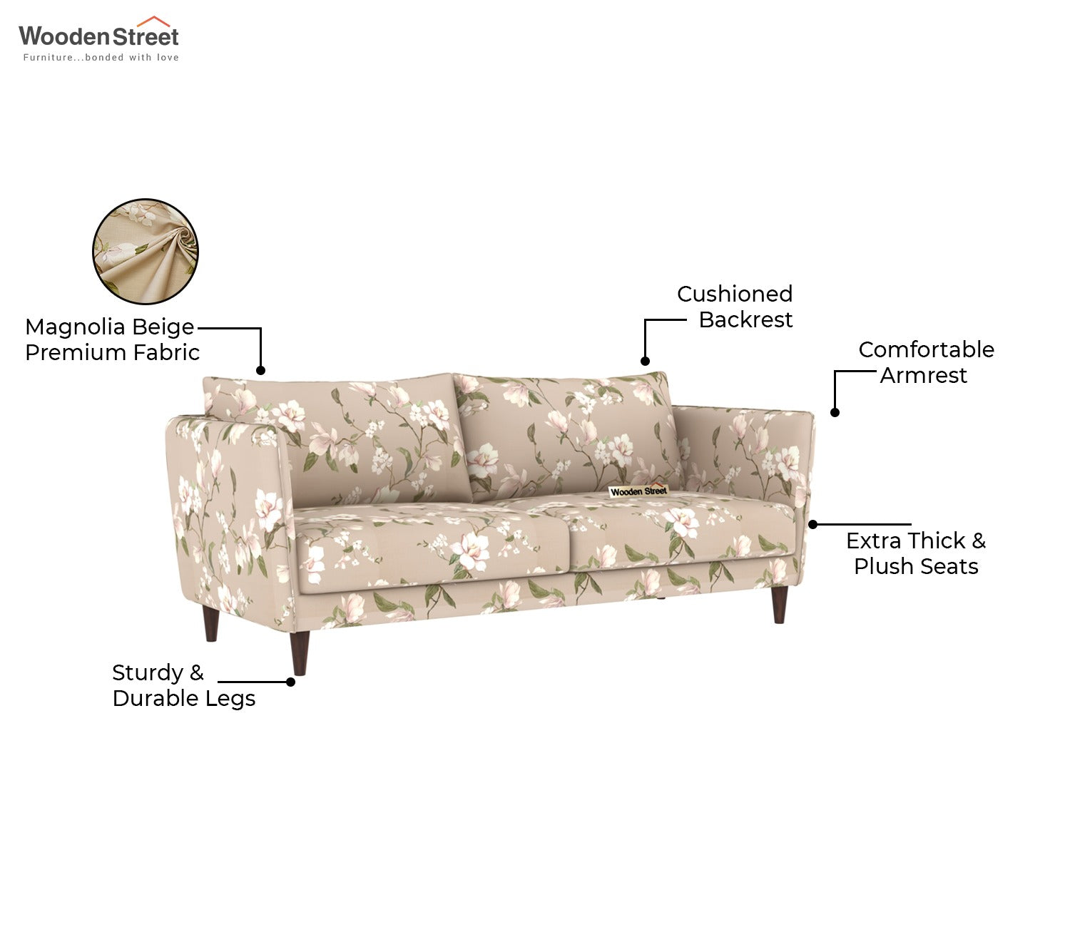 Oxford 3 Seater Fabric Sofa (Cotton, Magnolia Beige)