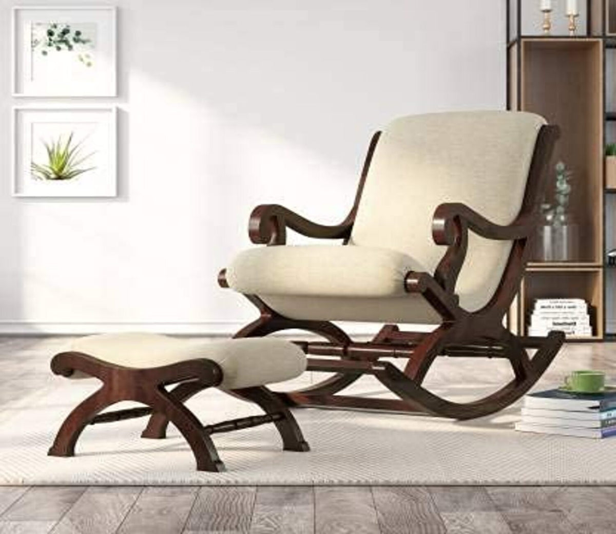 Chiara White Handmade Wooden Brown Finish Rocking Chair