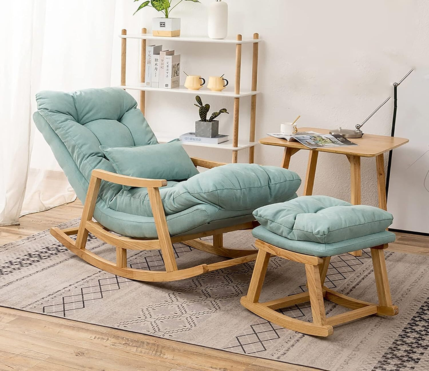 Kingston Teak Wood Sea Green Rocking Chair with Footrest