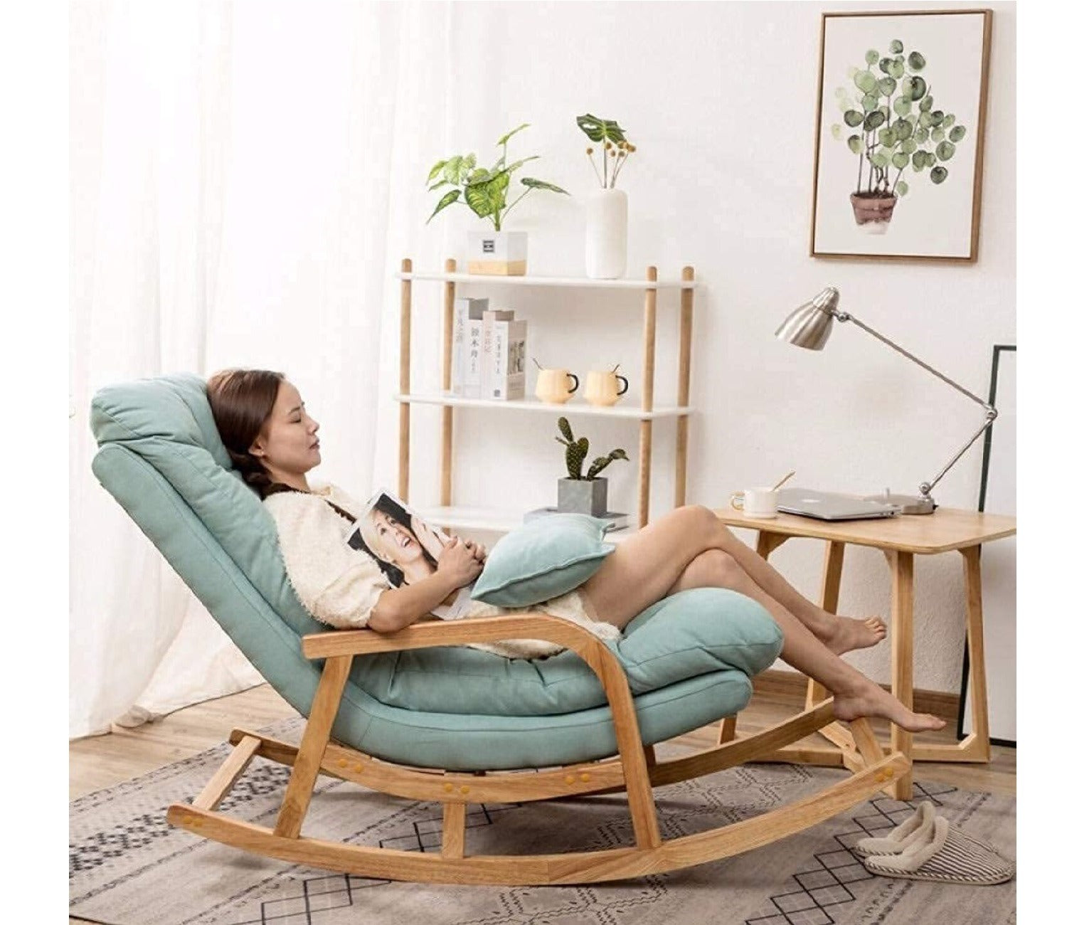 Kingston Teak Wood Sea Green Rocking Chair with Footrest