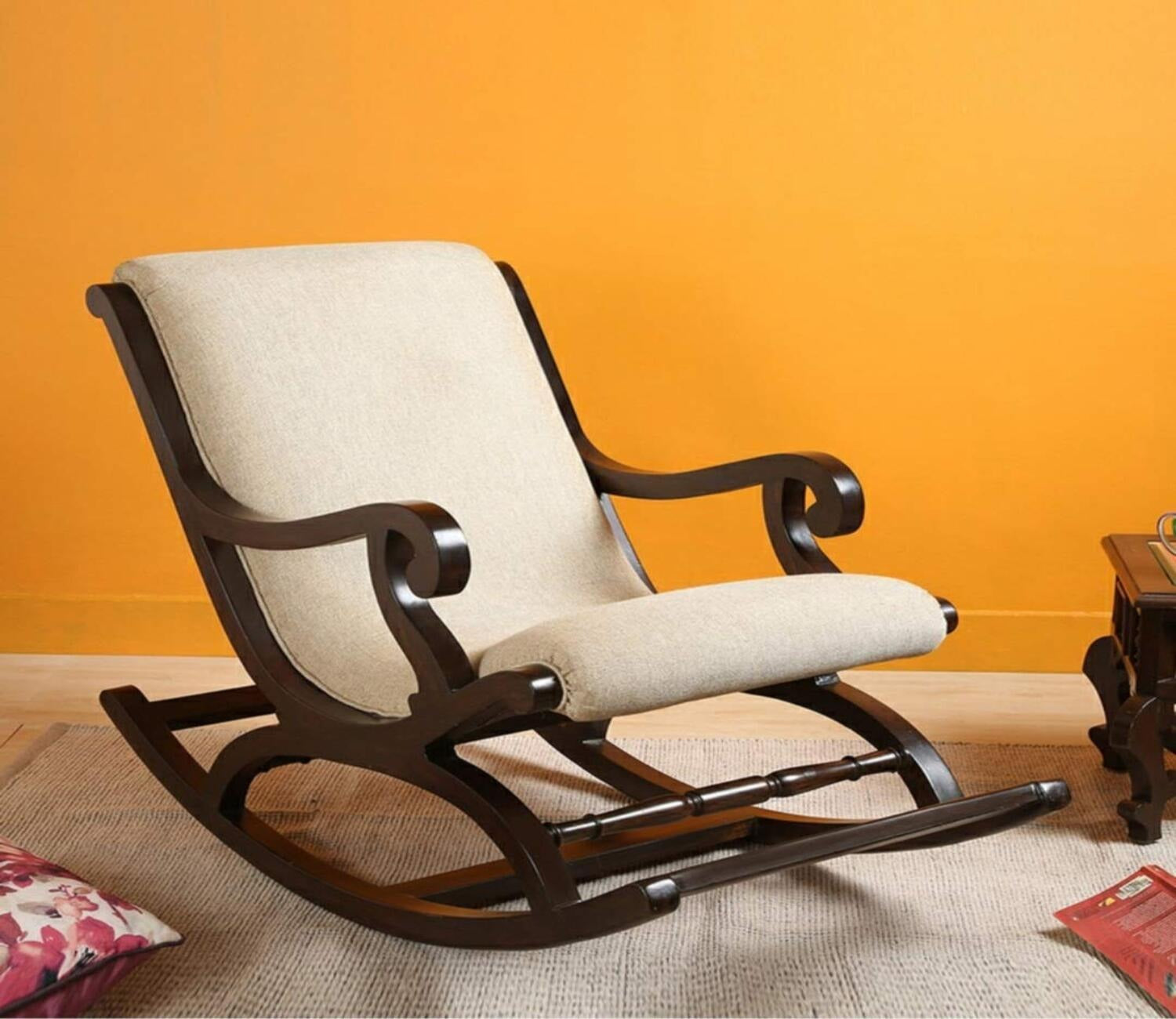 Walnut Finish Comfortable Cushioned Wooden Beige Rocking Chair