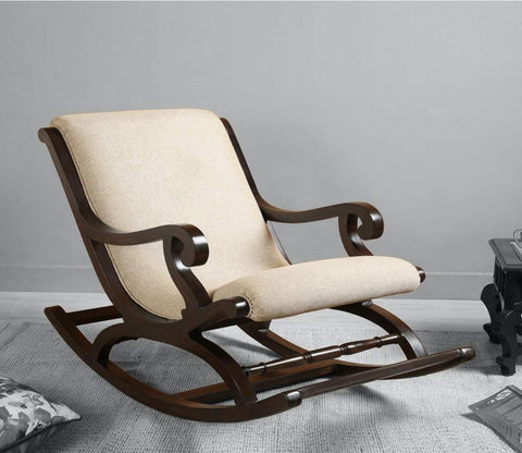 Walnut Finish Comfortable Cushioned Wooden Beige Rocking Chair