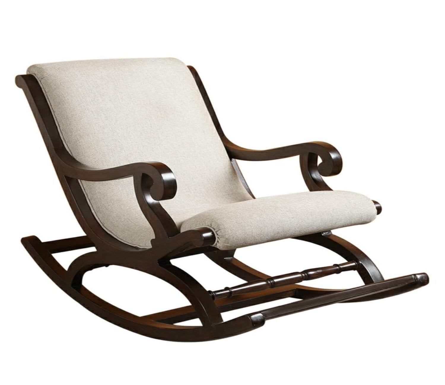 Walnut Finish Comfortable Cushioned Wooden Beige Rocking Chair