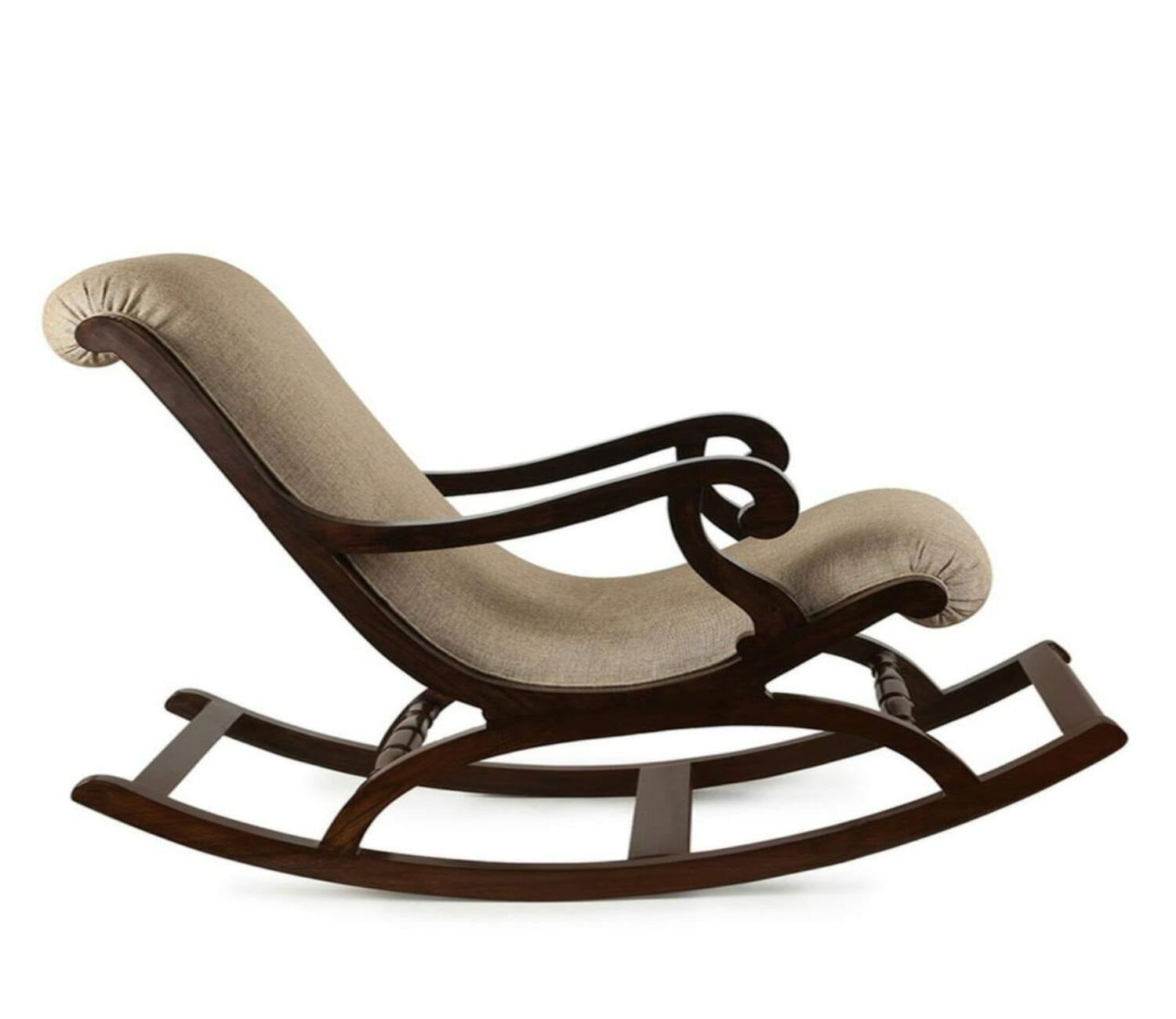 Walnut Finish Comfortable Cushioned Wooden Beige Rocking Chair