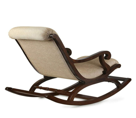 Walnut Finish Comfortable Cushioned Wooden Beige Rocking Chair