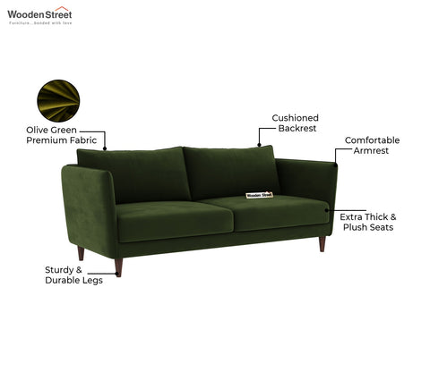 Oxford 3 Seater Fabric Sofa (Velvet, Olive Green)