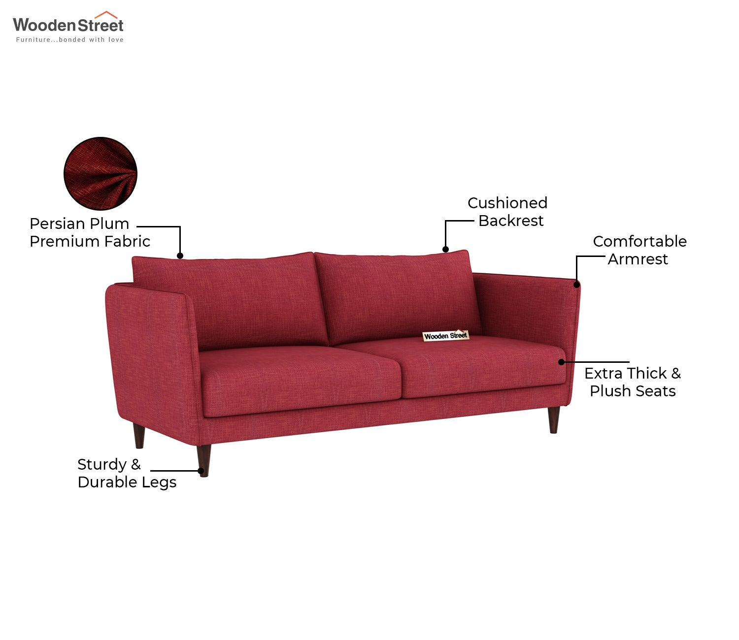 Oxford 3 Seater Fabric Sofa (Cotton, Persian Plum)