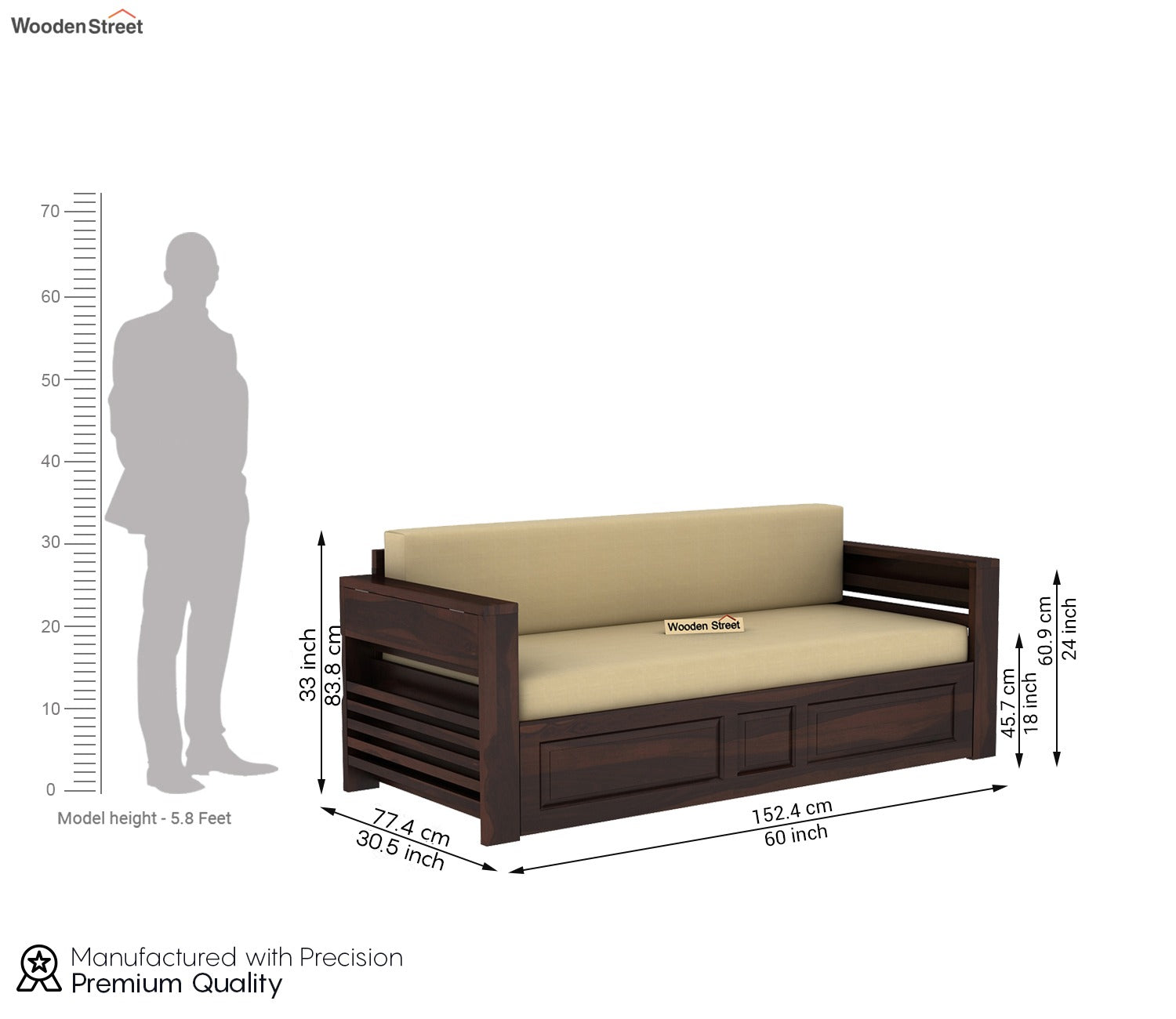 Feltro Sheesham Wood Sofa Bed With Storage (Queen Size, Walnut Irish Cream)