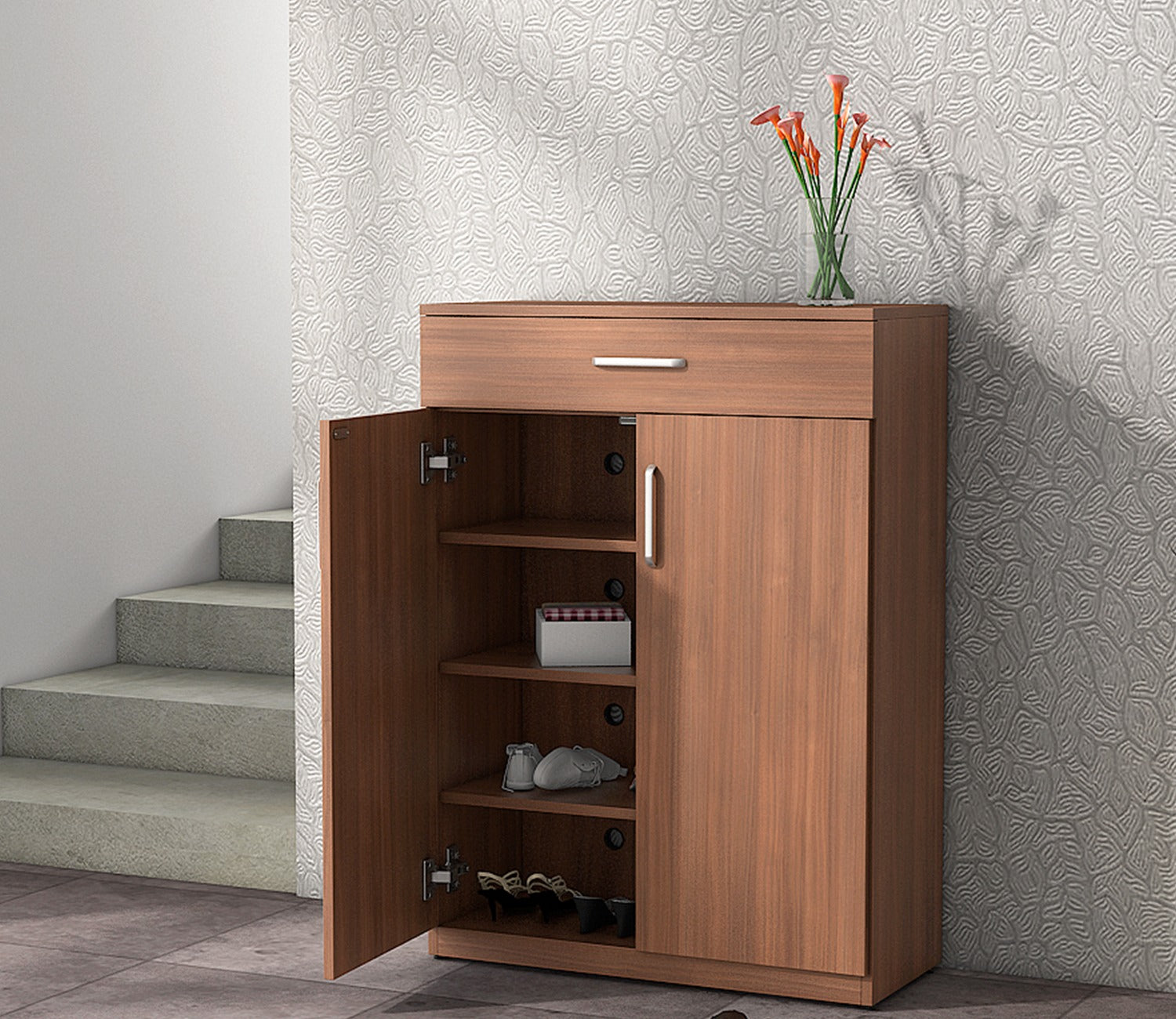 Kosmo Liberty Engineered Wood Shoe Rack in Natural Teak Finish