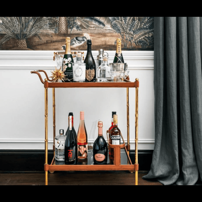 Trueliving Metal Golden Glass TOP Bar Trolley 62.5D x 42.5W x 82.5H Centimeters