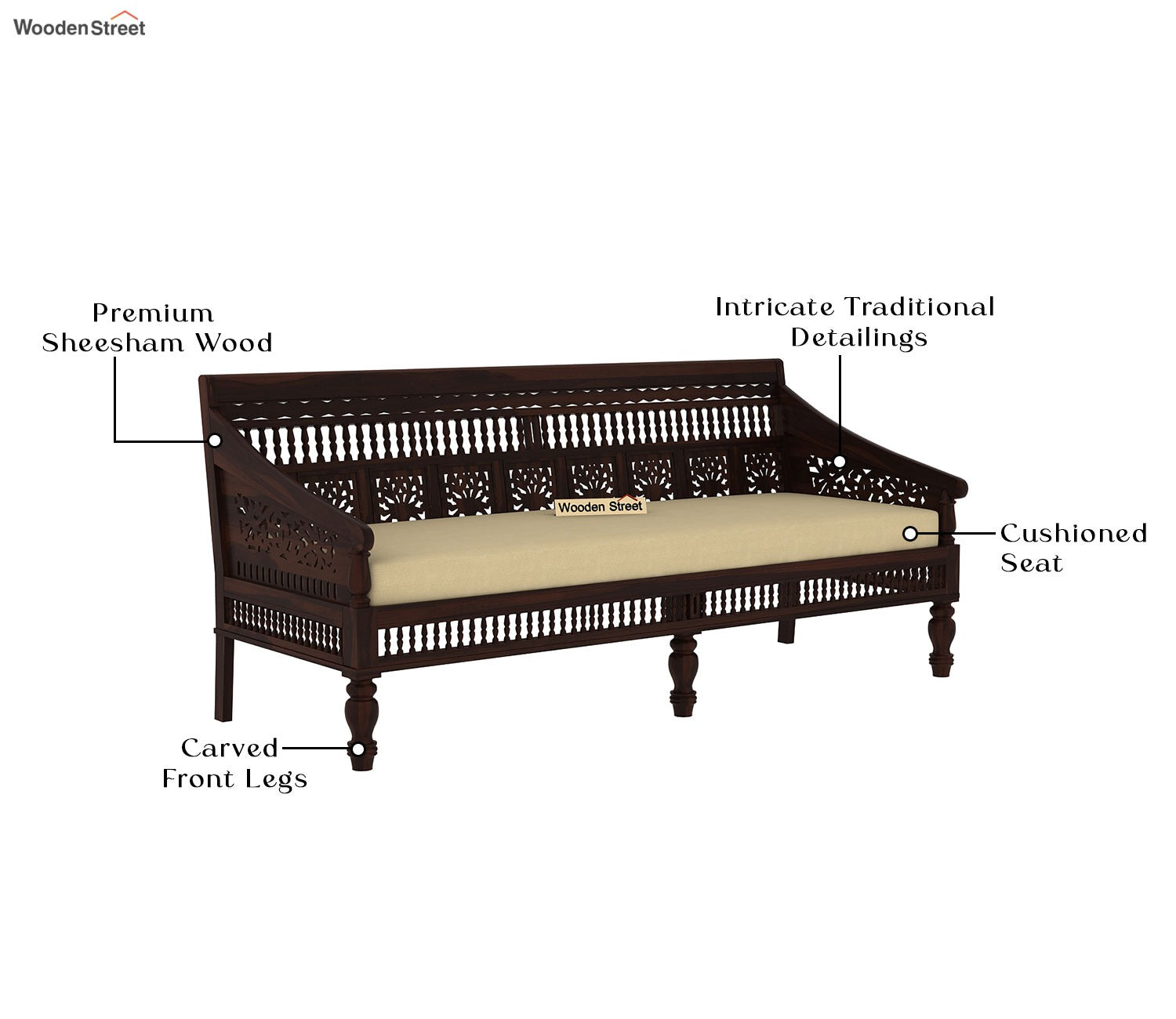 Alanis 3 Seater Wooden Sofa (Walnut Finish)