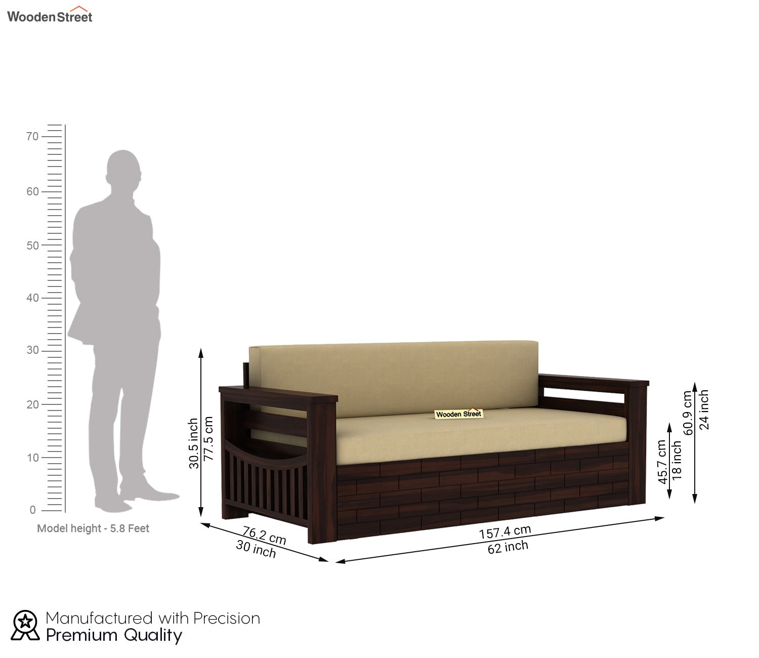 Sereta Sheesham Wood Sofa Cum Bed (Queen Size, Walnut Finish)