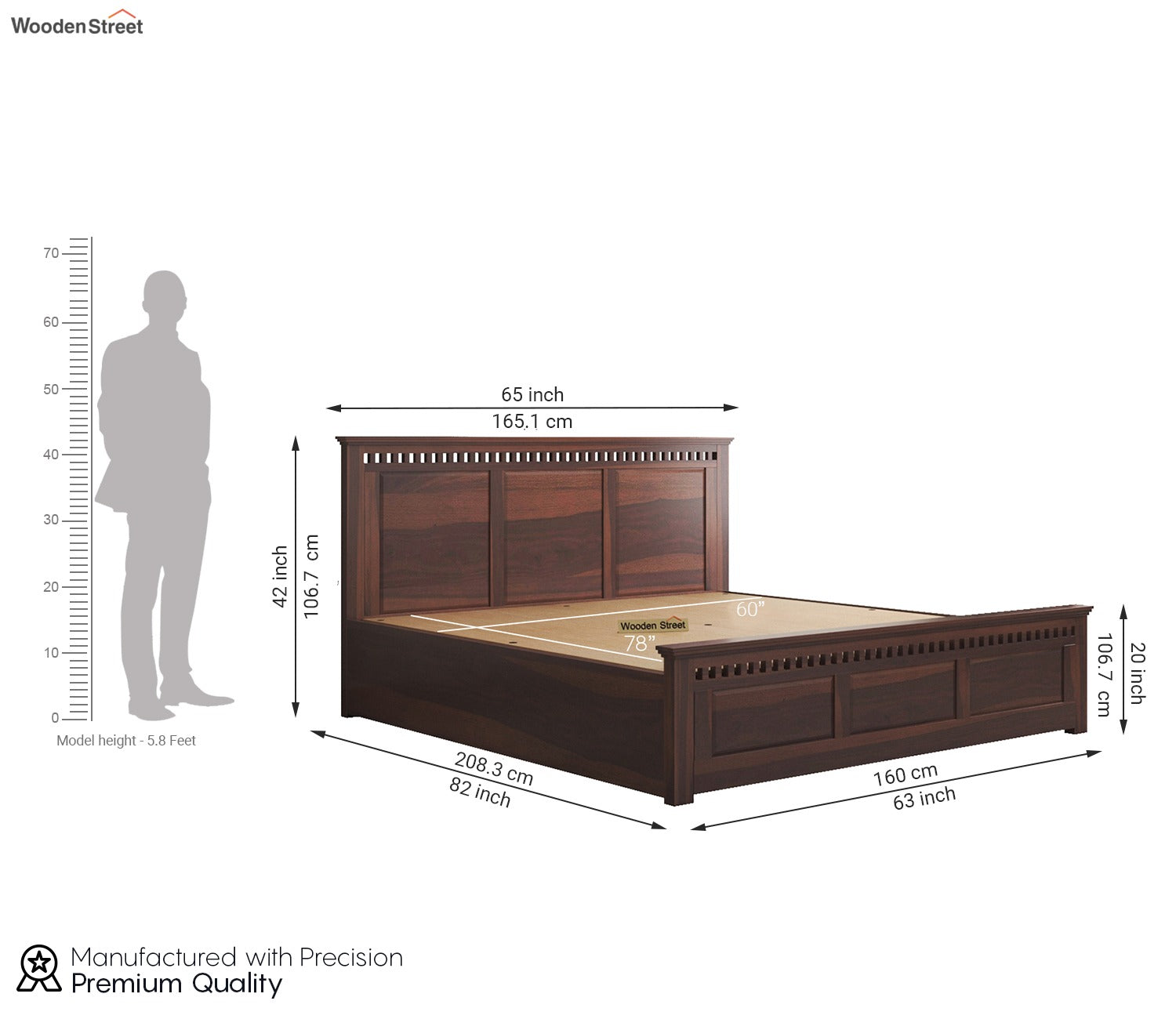 Adolph Sheesham Wood Hydraulic Storage Bed (Queen Size, Walnut Finish)