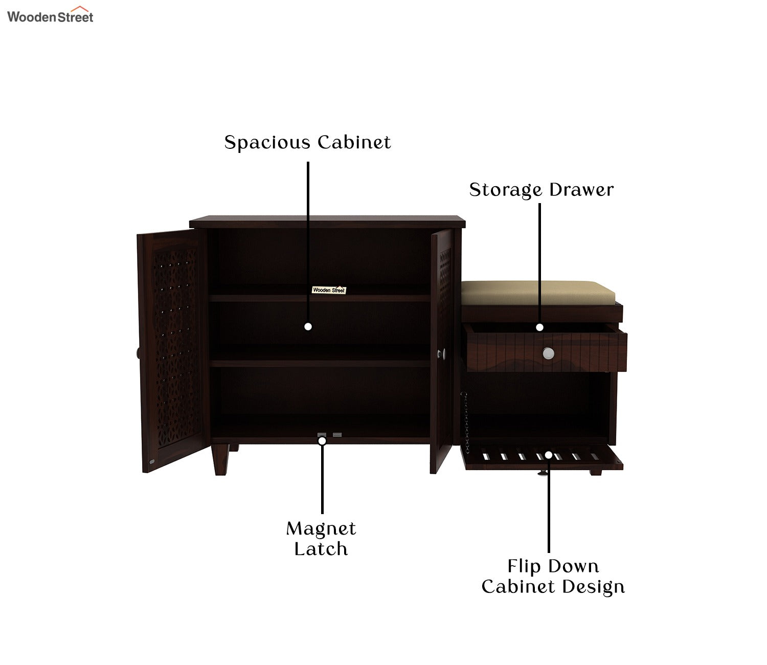 Hopkin Shoe Rack with Seat and Storage Drawers (Walnut Finish)
