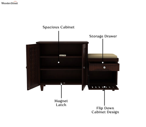 Hopkin Shoe Rack with Seat and Storage Drawers (Walnut Finish)