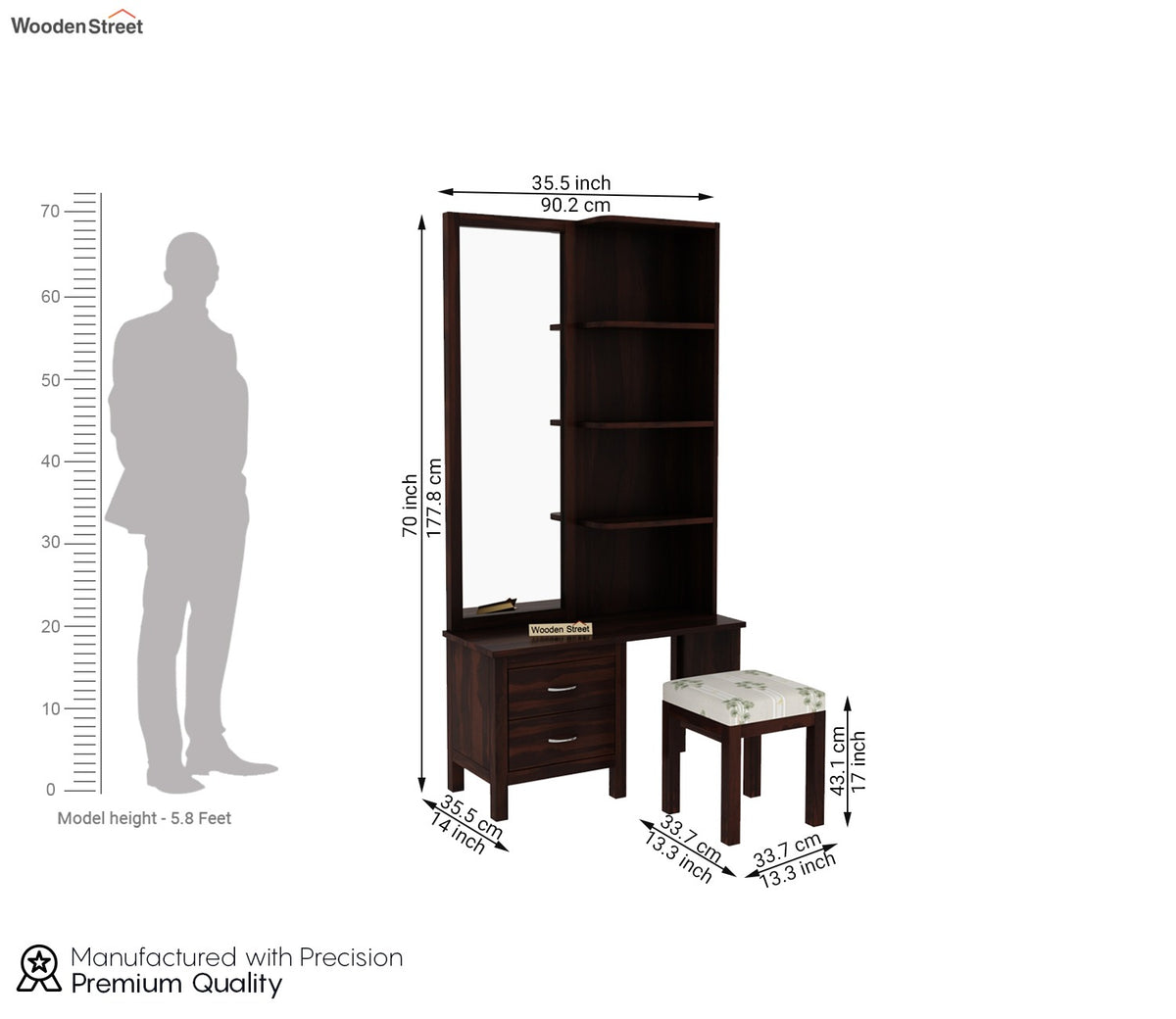 Edrina Sheesham Wood Dressing Table with Storage Drawers and Stool (Walnut Finish)